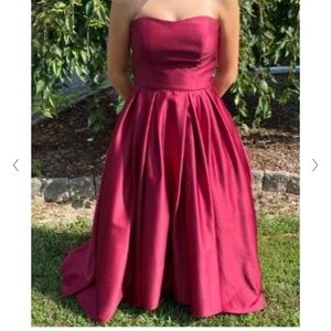 Betsey & Adam Juniper Strapless Hi-Low Satin Gown Maroon